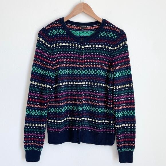 Talbots Fair Isle Colorful Knit Holiday Sequin Sweater Cardigan - Picture 2 of 8